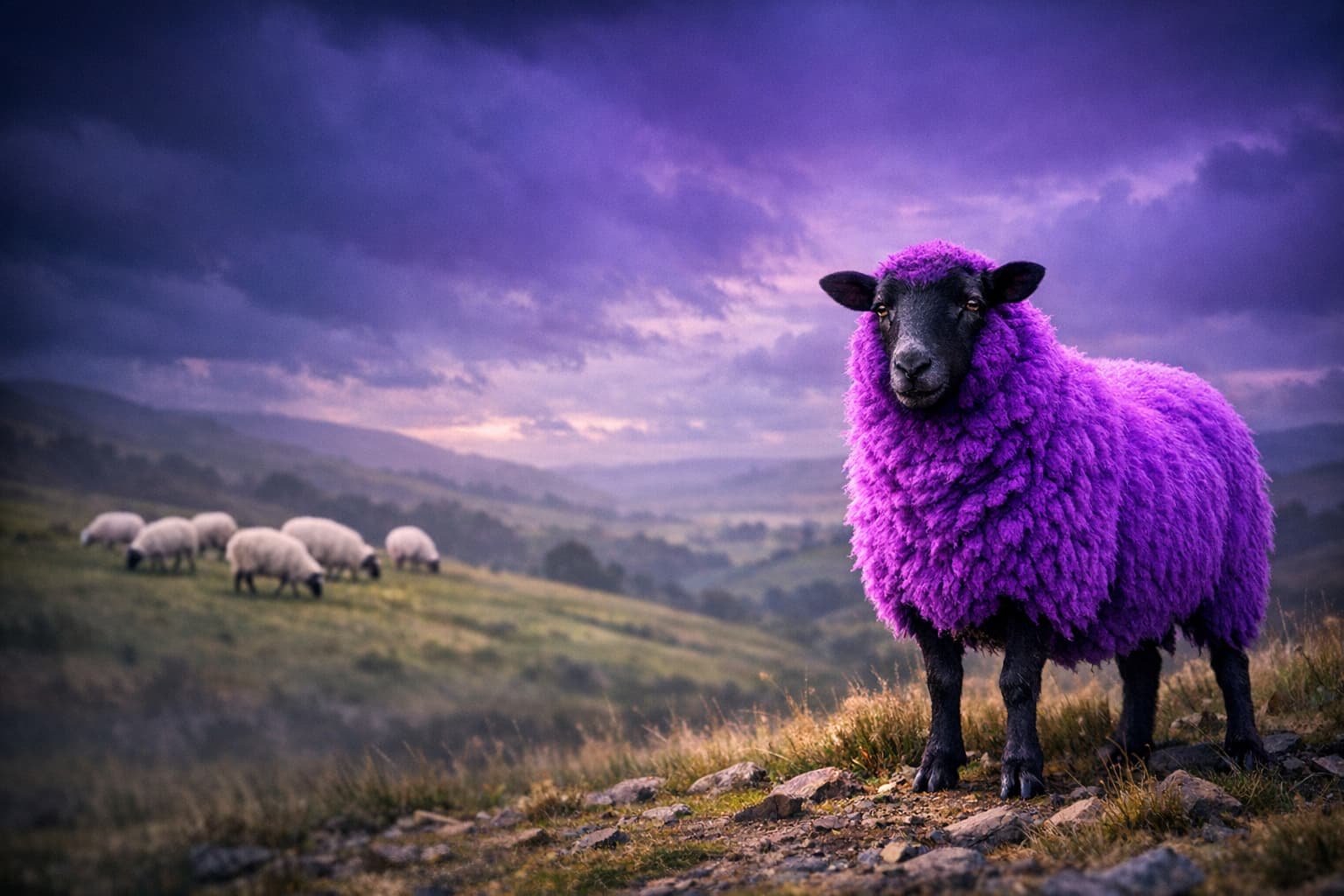 A bold vivid purple sheep standing confidently in a dramatic countryside landscape, holding an old-fashioned red telephone receiver, with white sheep grazing in the background under a purple-blue sky