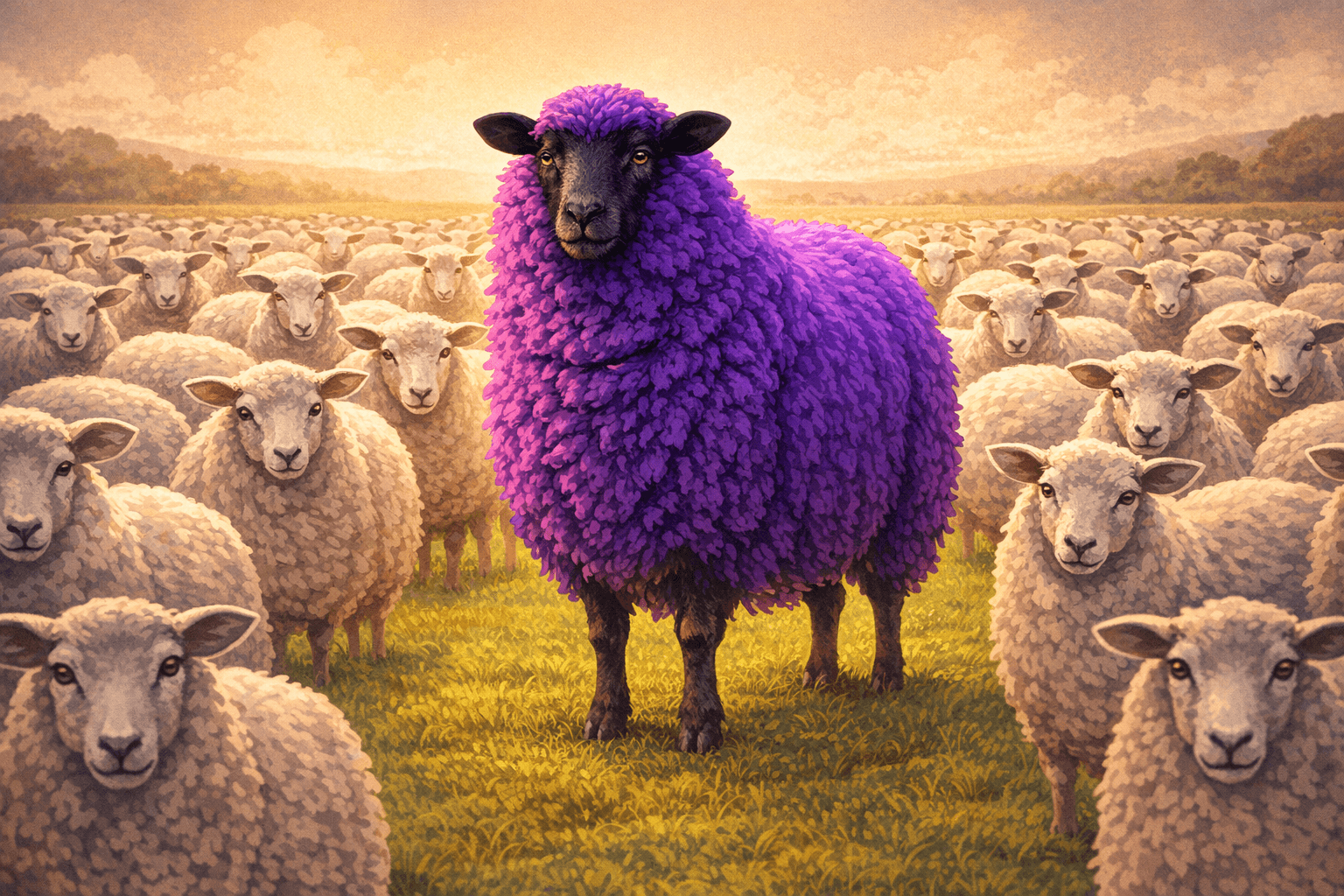 A bold purple sheep standing out among many dull white sheep in a field — hero image for The Purple Sheep PR page