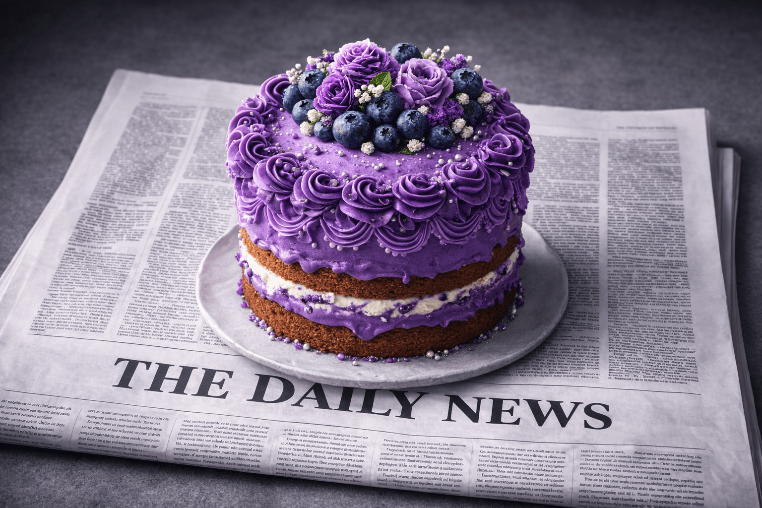 A delicious layered cake sitting on the front page of a newspaper