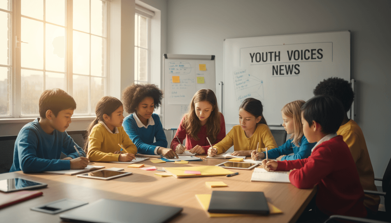 Young people working together in a newsroom, discovering and sharing positive stories