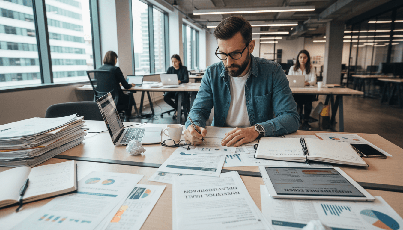 Experienced journalist reviewing story notes with focused, thoughtful expression in bright modern workspace